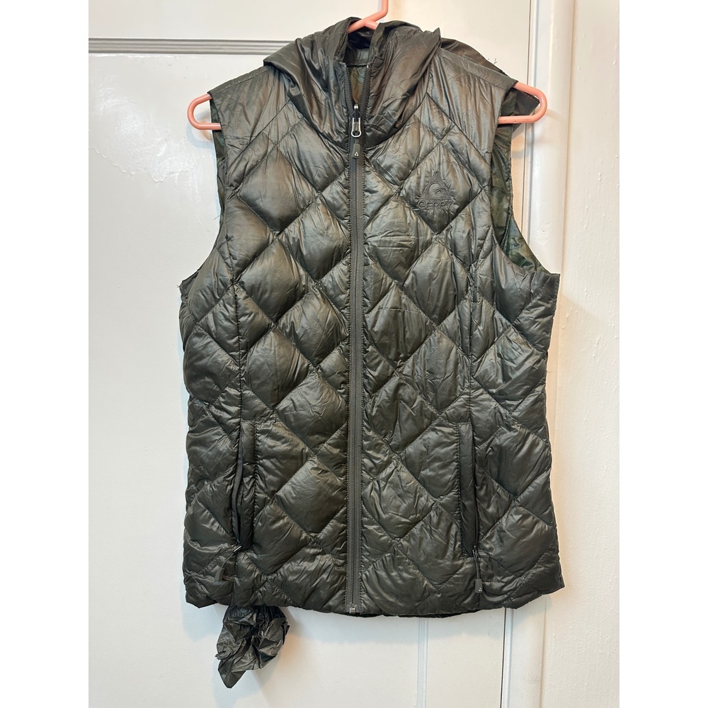 Gerry Womens Hooded Puffer Vest Small Cypress Green Down Fill Quilted LG9314